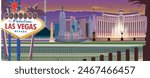 Parallax vector of Las Vegas Boulevard, Nevada, EUA, this vector art conteins iconics hotels, neon lights, water show and the famous sign. Vector for background animations, parallax and backgrounds.
