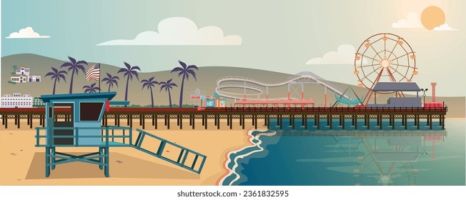 Parallax vector of Santa Monica, California, in the United States with lifeguard cabin, beach, pier with a amusement park,hills, palms and sun. Vector for background, backgrounds animations.