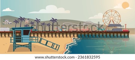 Parallax vector of Santa Monica, California, in the United States with lifeguard cabin, beach, pier with a amusement park,hills, palms and sun. Vector for background, backgrounds animations. Foto d'archivio © 