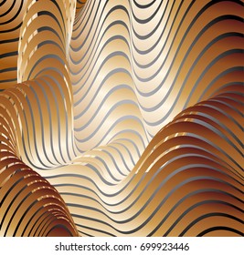 Parallel bands of metal with a gradient fill. Bizarre curved shape. Acrylic patterns. Background for presentations or wallpaper on the screen