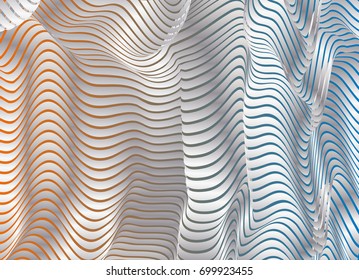 Parallel bands of metal with a gradient fill. Bizarre curved shape. Acrylic patterns. Background for presentations or wallpaper on the screen