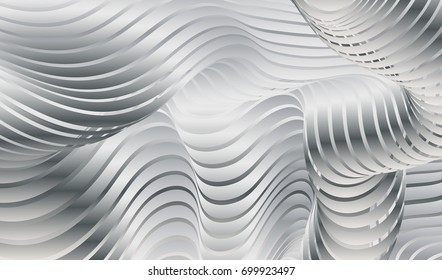 Parallel bands of metal with a gradient fill. Bizarre curved shape. Acrylic patterns. Background for presentations or wallpaper on the screen