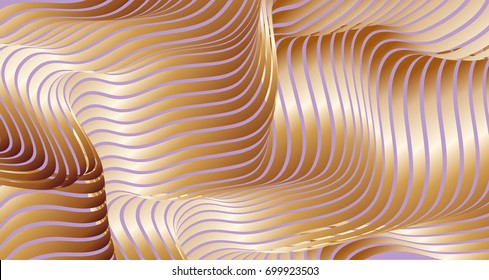 Parallel bands of metal with a gradient fill. Bizarre curved shape. Acrylic patterns. Background for presentations or wallpaper on the screen