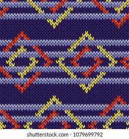 Parallel blue lines interlaced with red and yellow squares on the violet background, seamless knitting vector pattern as a fabric texture