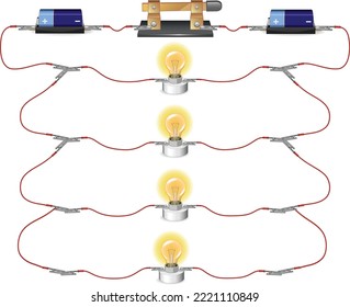 parallel circuit, basic electric circuits experiment, flat design illustration, Kirchhoff voltage law, Kirchhoff current law, simple electric circuit, on-off circuit