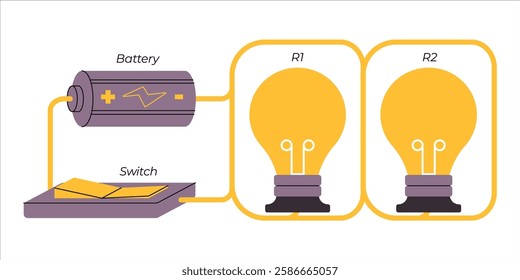 Parallel circuit electrical wire paths flow science physics education terminal branches combined connection lightbulb switch battery component element electric power icon design scheme illustration