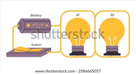 Parallel circuit electrical wire paths flow science physics education terminal branches combined connection lightbulb switch battery component element electric power icon design scheme illustration