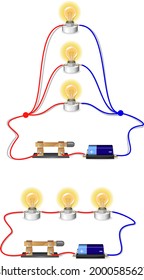 Parallel circuit, Series circuit, basic electric circuits experiment, flat design illustration, Kirchhoff voltage law, Kirchhoff current law, simple electric circuit, on-off circuit