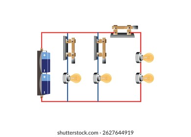 circuito paralelo, circuito série, circuito paralelo, experimento de circuitos elétricos básicos, ilustração de design plano, lei de tensão Kirchhoff, lei de corrente Kirchhoff, elétrica simples