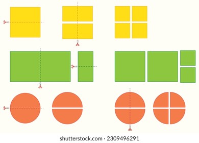 Parallel cutting of papers. Cutting geometric shapes with scissors. Square, rectangle, circle. Math, geometry, physics.
