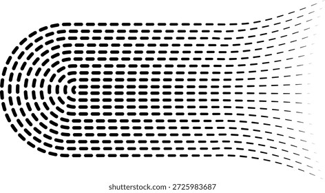 Linhas paralelas tracejadas com formas curvas e extremidades irradiadas, criando uma aparência dinâmica.