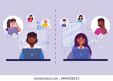 Parallel dialing. Call center. A girl and a man wearing headphones sit at a table and work as an operator, communicate, answer calls in a call center. Remote work illustration concept, customer servic