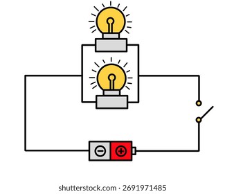 Diagrama de circuito eléctrico paralelo con dos bombillas y fuente de batería