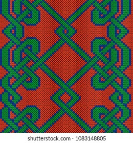 Parallel green lines interlaced with each other on the red background, seamless vector knitted pattern as a fabric texture