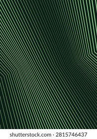 Parallel linear pattern, lime green color, deep emerald backdrop, angular composition, spatial depth graphic illustration