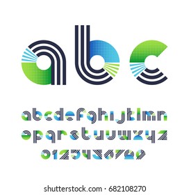 Parallel lines and color blocks' latin font, graphical lower case decorative type and numbers. 