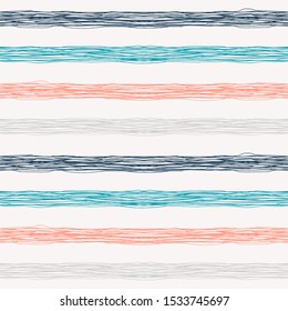 Parallel lines hand drawn vector seamless pattern. Horizontal scribbled stripes geometrical simple texture. Colourful stripy geo on light background. Abstract wallpaper, backdrop textile design