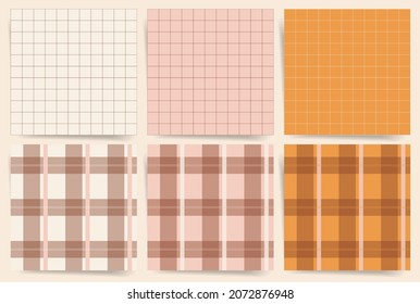Parallel lines hand drawn vector seamless pattern. Vertical stripes geometrical simple texture. Orange, beige and brown linear tartan and checkered background. Classic simple texture set.