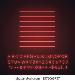 Parallel lines neon light icon. Straight strokes. Geometric figure. Decorative element. Abstract shape. Isometric form. Glowing sign with alphabet, numbers and symbols. Vector isolated illustration