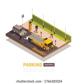 Parallel parking next to curb isometric element with wrong parked vehicle driver dispute with policeman vector illustration 