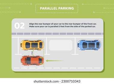 Parallel parking stage 2. Allign rear bamper of your car to front side of another vehicle, make sure you paralleled to other cars. Education and training. Cartoon flat vector illustration