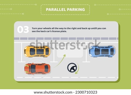 Parallel parking stage 3. Turn your wheels all way to right and back up until you see back cars license plate. Educational materials for drivers. Cartoon flat vector illustration