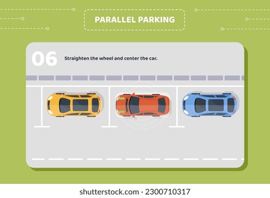 Parallel parking stage 6. Straighten wheel and center car. Top view at yellow, red, blue vehicles. Driver education materials and infographics. Cartoon flat vector illustration