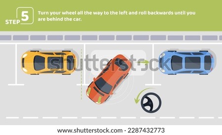 Parallel parking step 5. Turn wheel all way to left and roll backwards until you behind vehicle. Educational infographic with rules of road. Top view at parking lots. Cartoon flat vector illustration