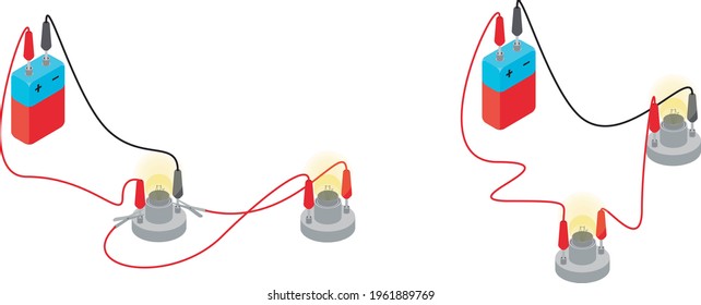 Parallel and series circuits vector illustration, isolated on white background. Simple electrical circuit made of a battery and two lamps.