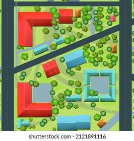 Parallel streets of quarter. Streets of city. Top View from above. Small town house and road. Map with roads, trees and buildings. Modern car. Cartoon cute style illustration. Vector.