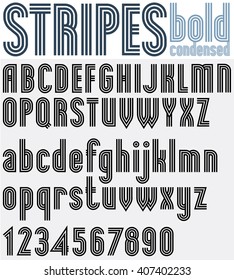 Parallel striped black and white font and numbers, bold poster letters.