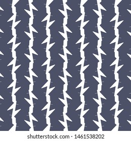 Parallel stripes with spikes and thorns on indigo background. Textile pattern. Wallpaper. Vector illustration.