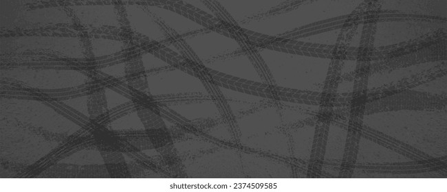 Parallel tire skid marks on a dark gray asphalt road. Abstract vector background with grunge texture