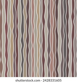 Parallel wavy vertical stripes adorned with thin white zigzag lines. Multicolored irregular striped background. Abstract geometric texture in vintage style. Seamless repeating pattern.