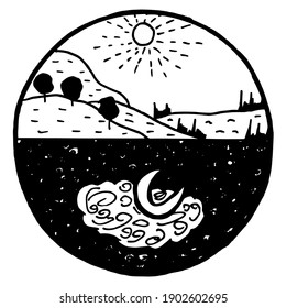 Parallel worlds. Symbolic image of landscape and its reflection. Vector, hand drawn, doodle illustration. Can be used to illustrate of printing productions, web design and video contents