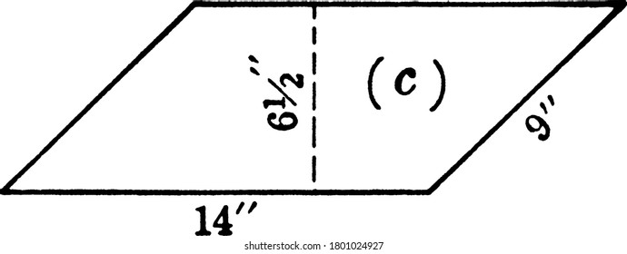 Parallelogram with base 14 inches, height 6 and half inches, and area b which is the product of height into base, vintage line drawing or engraving illustration.
