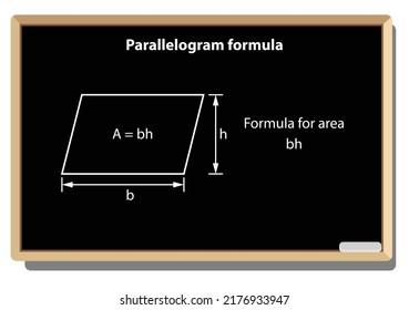 Parallelogrammformel. Geometrische Zahlen auf schwarzem Schulboard, Vektorhintergrund. mathematische Formel