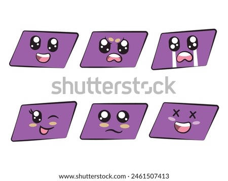 parallelogram shape with expression smile angry crying wink eye sadness and laughing feeling purple color 