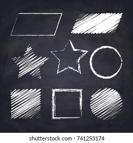 Parallelogram, star, square, round. Geometric figures on chalkboard background.Chalk drawn illustration. 