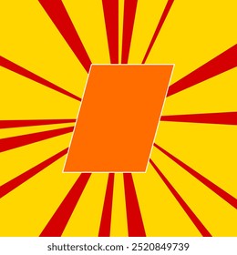 Parallelogram symbol on a background of red flash explosion radial lines. The large orange symbol is located in the center of the sun, symbolizing the sunrise. Vector illustration on yellow background