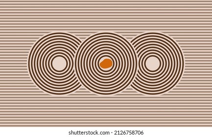 parallels lines and 3 circles, japanese zen garden in beige sand vector top view illustration