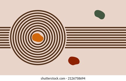 parallels lines and circles with 3 irregular shapes, zen garden with various colorful stones, vector top view illustration