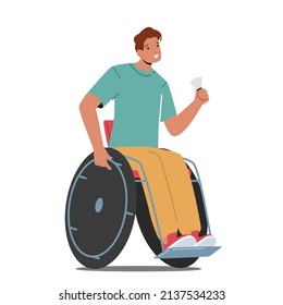 Paralympic Athlete, Badminton Player Sitting On Wheelchair With Shuttlecock In Hand, Disabled Sportsman Character Wear Uniform, Young Amputee Man Sport Competition. Cartoon People Vector Illustration