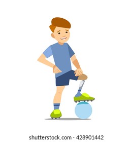 Paralympic athlete child on the prosthesis with a soccer ball. Vector illustration flat design.