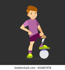 Paralympic athlete child on the prosthesis with a soccer ball. Vector illustration flat design.