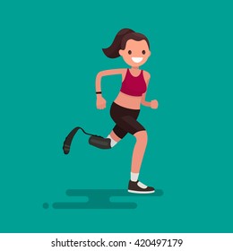 Paralympic Athlete woman running on the prosthesis. Vector illustration of a flat design