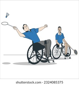 Paralympic athletes compete in the defending badminton tournament. Cartoon People with Prosthetic Leg Play Tennis Vector Illustration. Man with Prosthesis Racket Badminton Game. Medical Rehabilitation