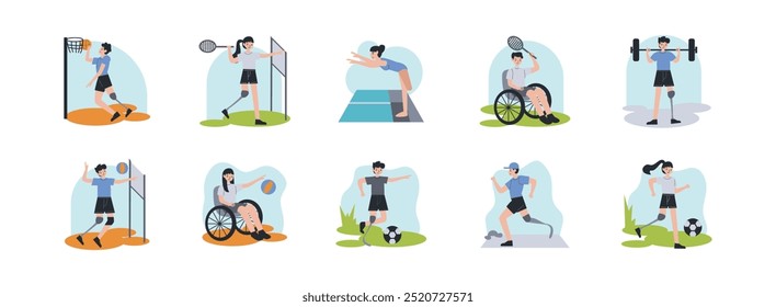 Conjunto de ilustración plana de atletas paralímpicos. Incluir la participación de los atletas, la competencia, los discapacitados y el entrenamiento. Ilustración vectorial aislada