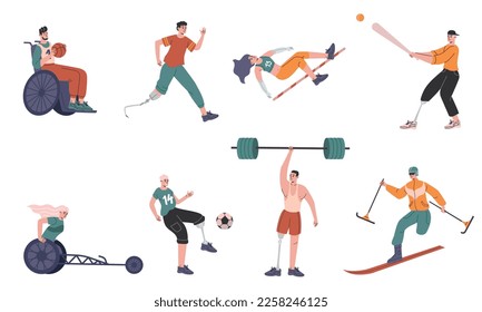 Atletas paralímpicos. Deportes profesionales. Personas con miembros faltantes. Silla de ruedas y prótesis. Competencia deportiva de baloncesto. Corredoras y esquiadores. Vector con discapacidad