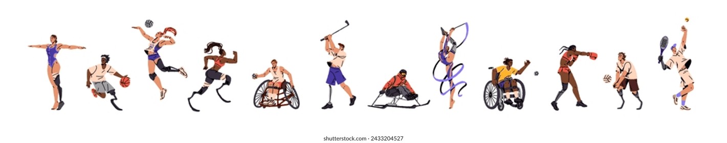 Paralympic athletes set. Disabled sportsmen in gymnastics. People on wheelchair skiing, play handball. Amputees with prosthesis go volleyball, basketball. Flat isolated vector illustration on white svg